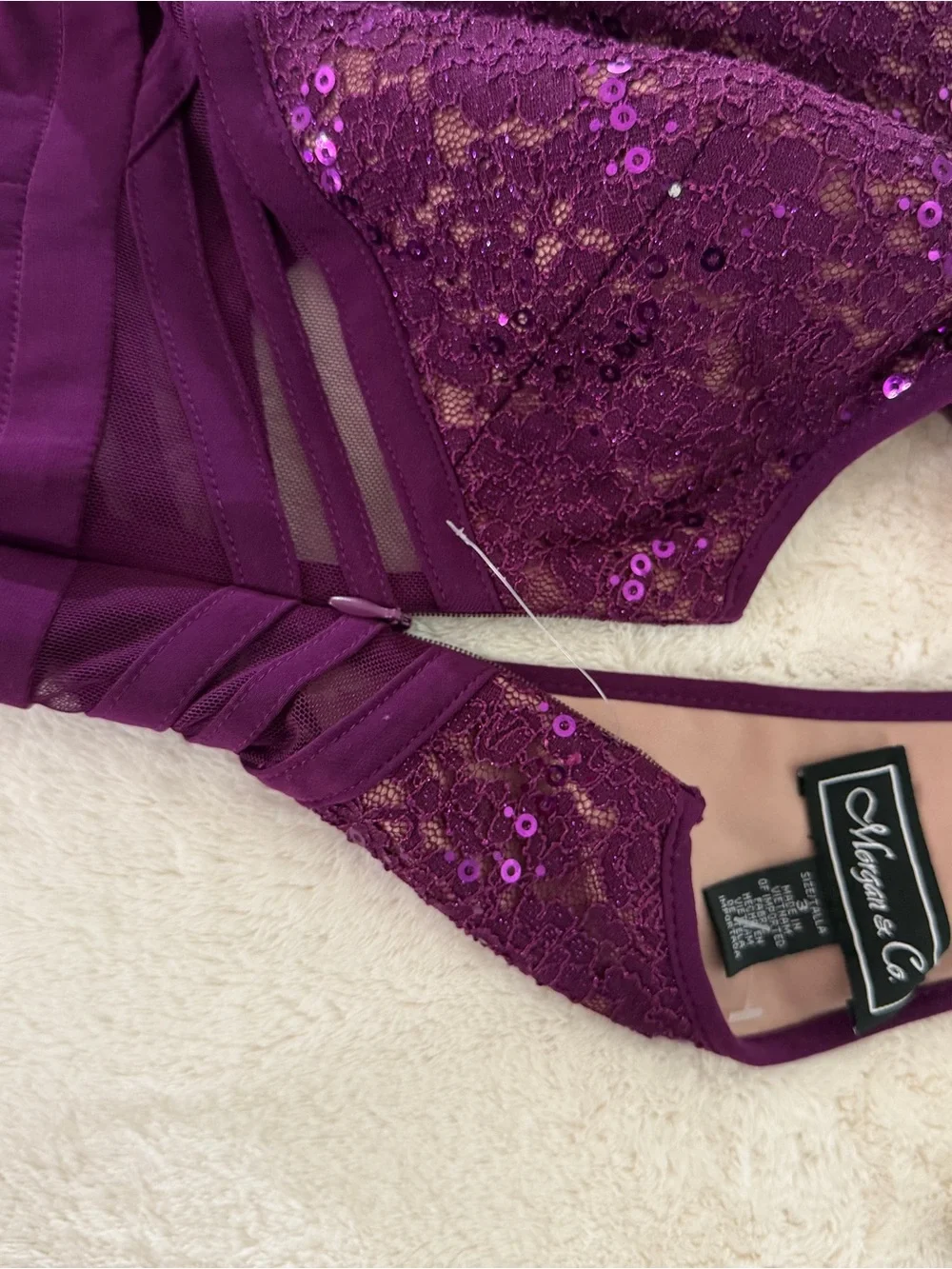 Morgan & Co. Purple Sequin Lace Open Back Formal Gown Size 3 Tall - Picture 5 of 13